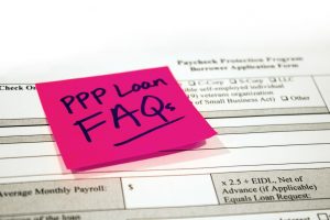 post-it note that says ppp loan faqs