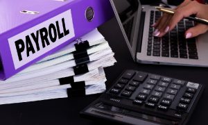 A payroll binder sits atop a stack of paperwork as a person uses a calculator to offer payroll services for small businesses.