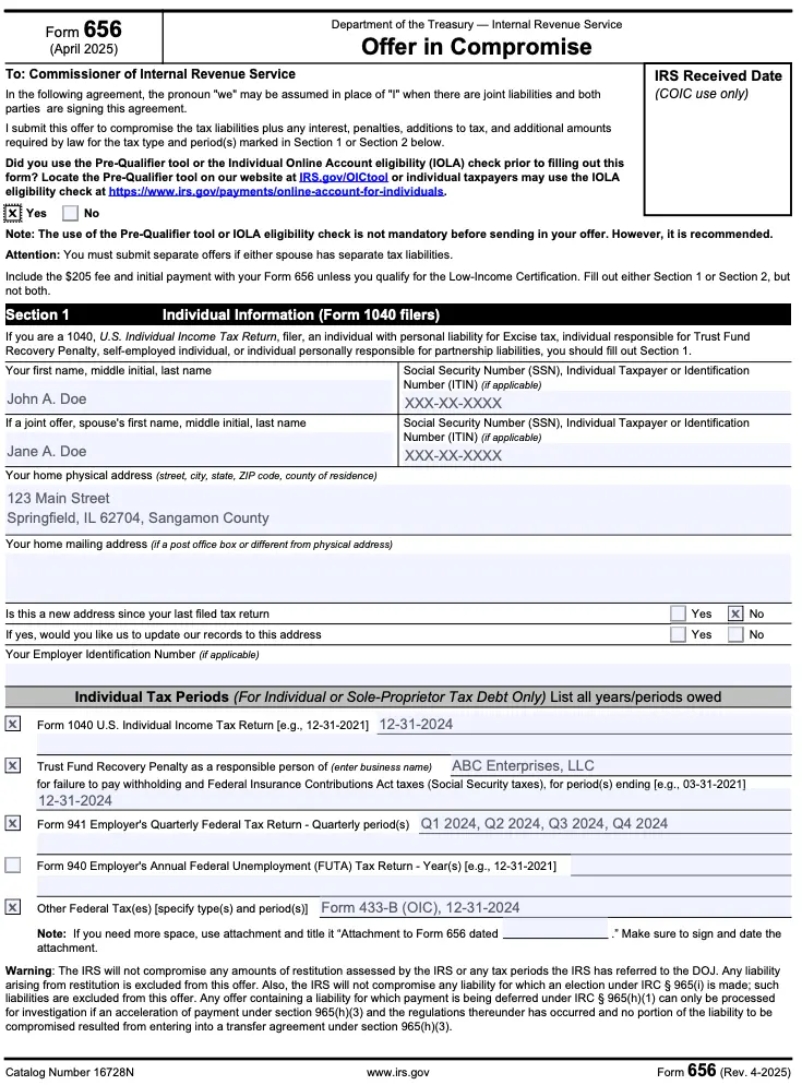How to properly fill out IRS form 656-b, part 1