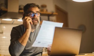 Man reviewing tax documents and calculating finances for filing taxes with two jobs to avoid owing money to IRS