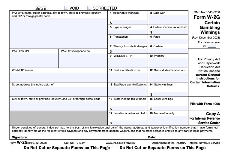 IRS Form W2-G for gambling earnings