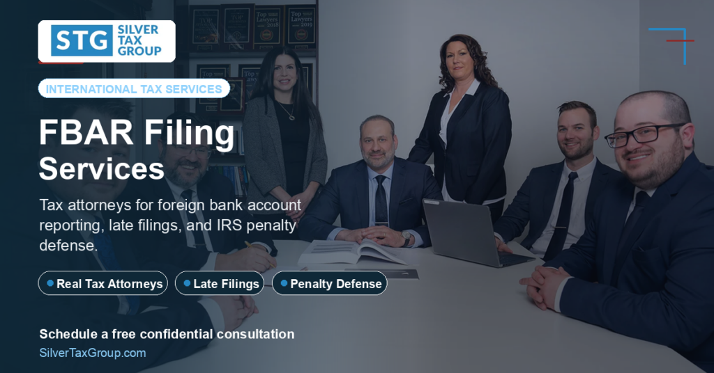 Team of international tax attorneys providing FBAR filing services, including foreign bank account reporting, late FBAR filings, IRS penalty defense, and offshore tax compliance.